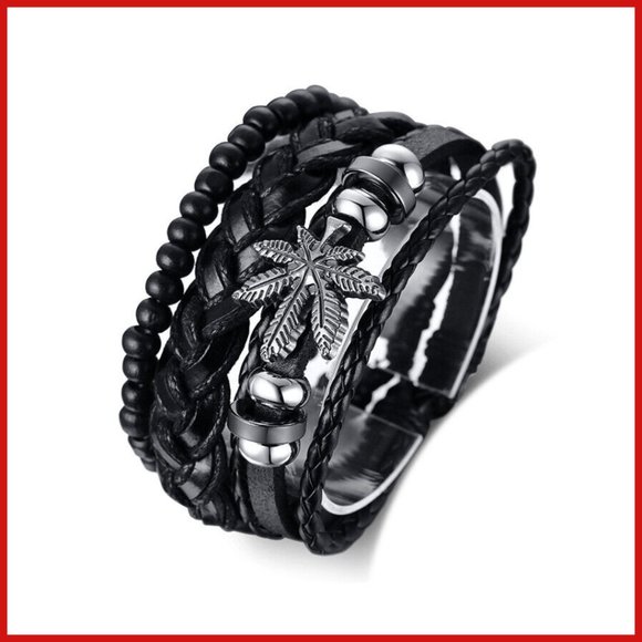 3 PC SET SILVER AND GUN METAL LEAF HANDMADE ADJUSTABLE WRISTBAND BLACK NWT - Picture 3 of 5